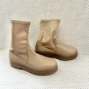 Whistles Taupe Faux Leather Knole Sock Pull On Chunky Lug Sole Chelsea Boots 39